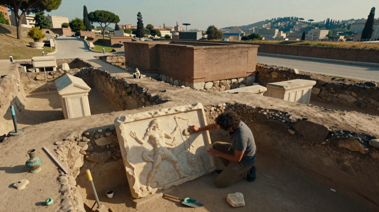 Archäologe restauriert antikes Relief in einer Ausgrabungsstätte bei sonnigem Wetter.