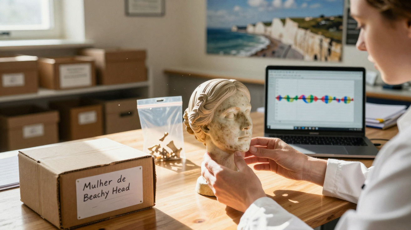 Forscherin untersucht antike Frauenbüste im Labor vor Laptop mit Diagramm und Karton abgestempelt „Mulher de Beachy Head“.