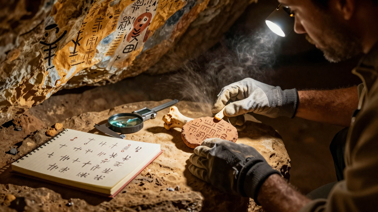Archäologe untersucht mit Handschuhen alte Tafel mit Schriftzeichen in einer Höhle bei Lampe und Notizen.