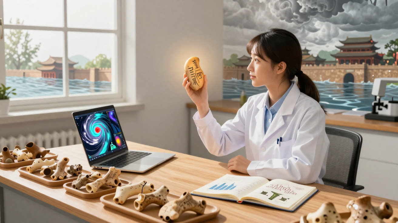Frau in Labor mit weißen Kittel hält leuchtendes Objekt, umgeben von Knochenmodellen und Laptop mit Wirbelsturm-Simulation.