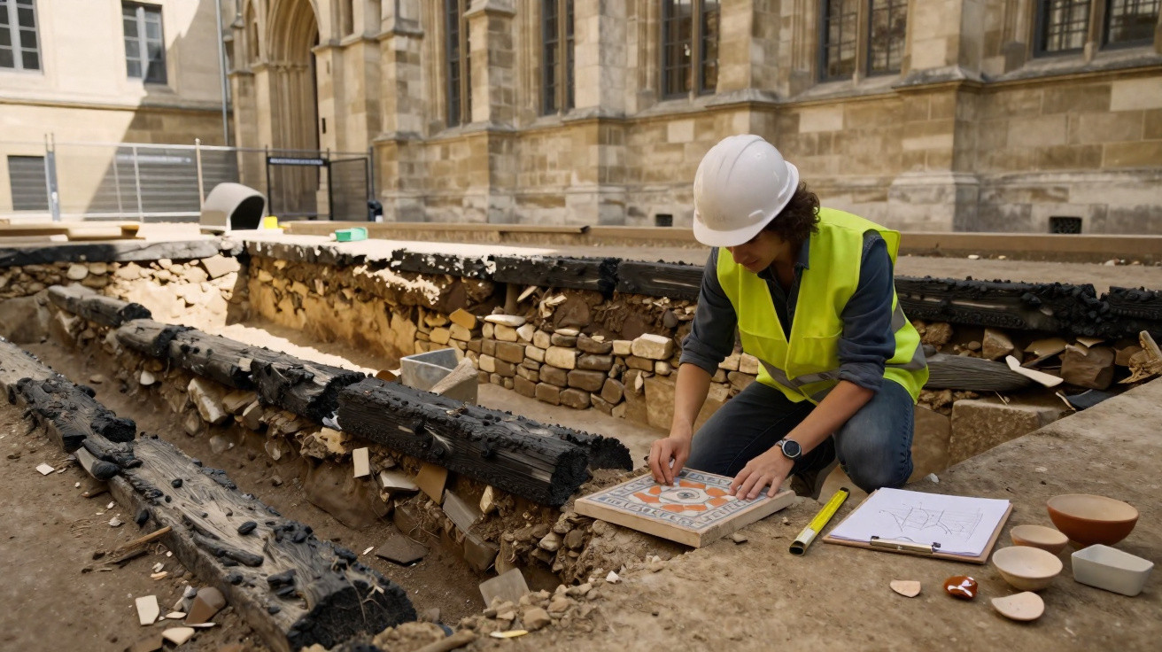 Archäologin bei Ausgrabung einer historischen Stätte mit Fundstücken und Bauplan im Freien vor Gebäudefassade.
