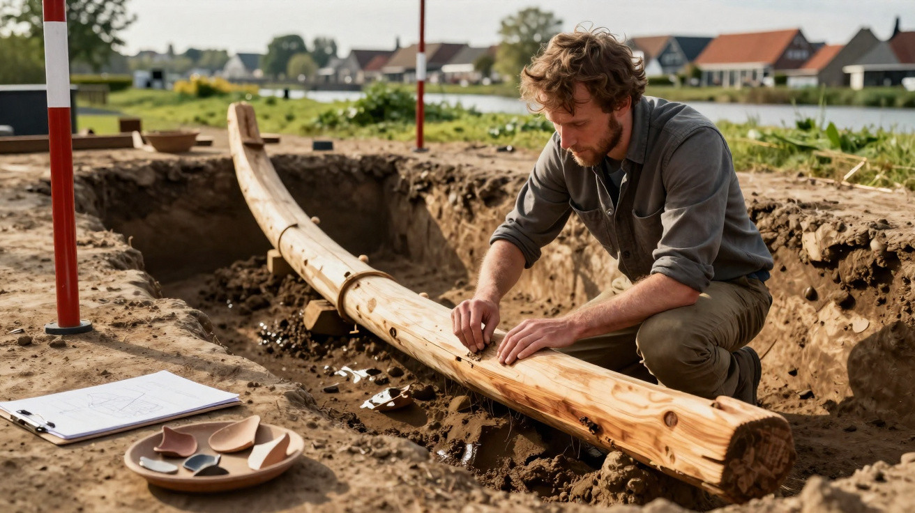 Archäologe untersucht lange Holzplanke bei Ausgrabung im Freien mit Tongefäß-Scherben und Skizzenbrett.