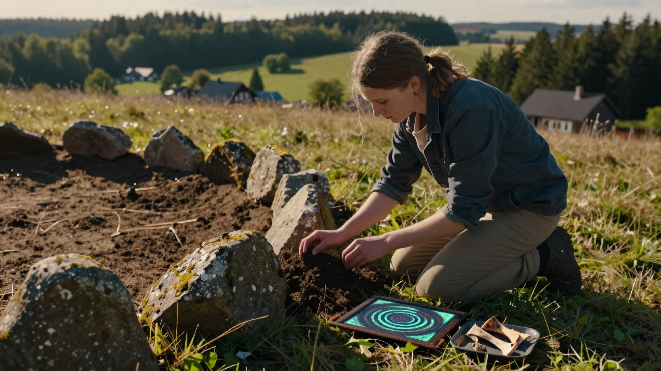 Frau kniet auf einer Wiese und gräbt Erde zwischen Steinen, neben ihr liegt ein Tablet mit buntem Display.