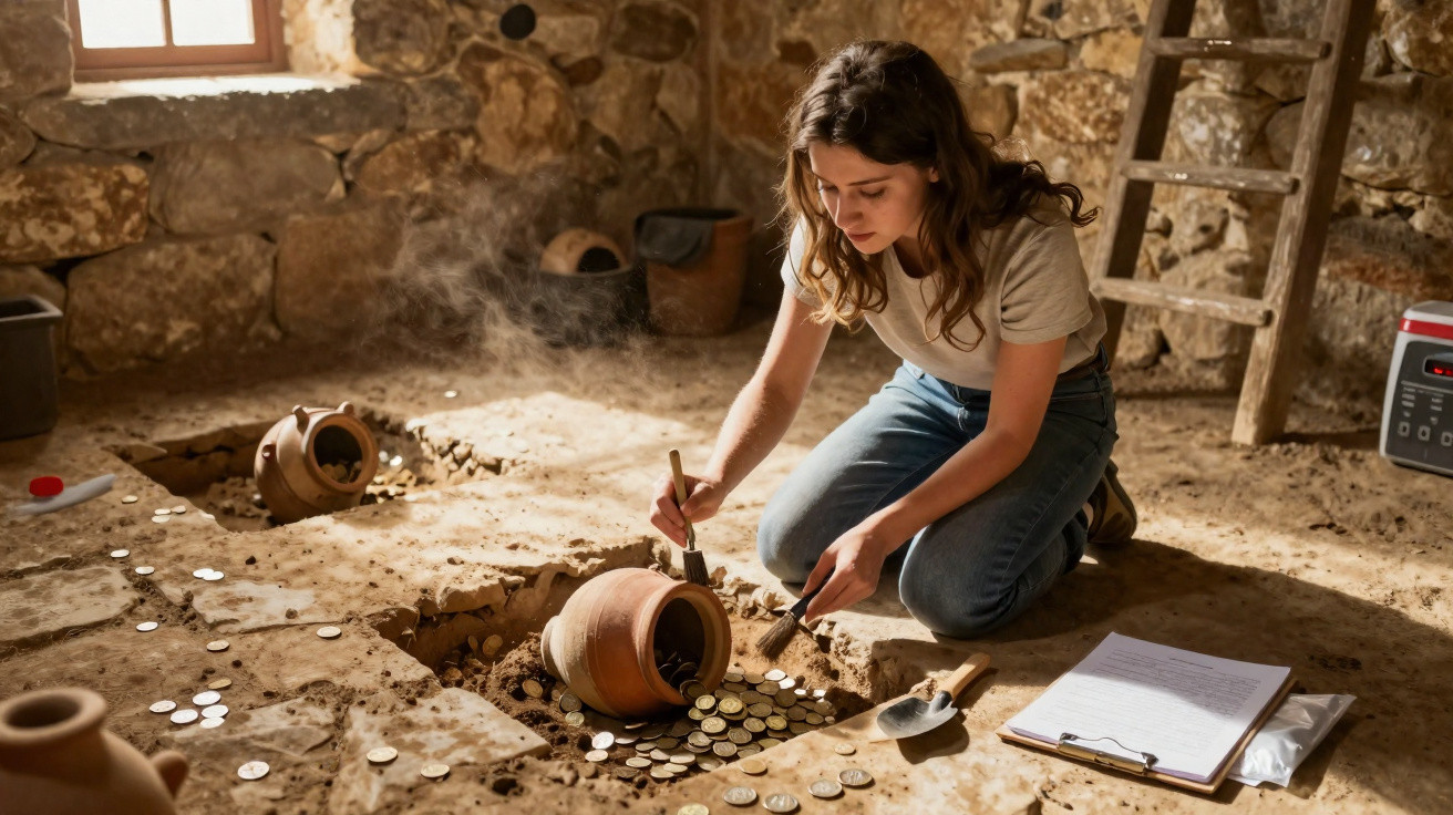 Frau bei archäologischer Ausgrabung mit antiken Münzen und Tongefäßen in einem Steinhaus.
