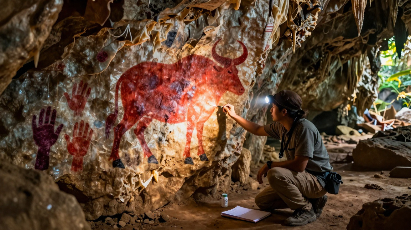Archäologe untersucht und dokumentiert prähistorische Felsmalereien eines roten Stiers in einer Höhle.