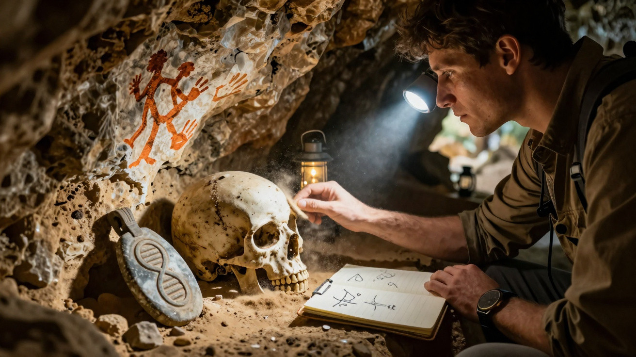 Ein Mann untersucht in einer Höhle einen Schädel und prähistorische Höhlenmalereien mit Taschenlampe.