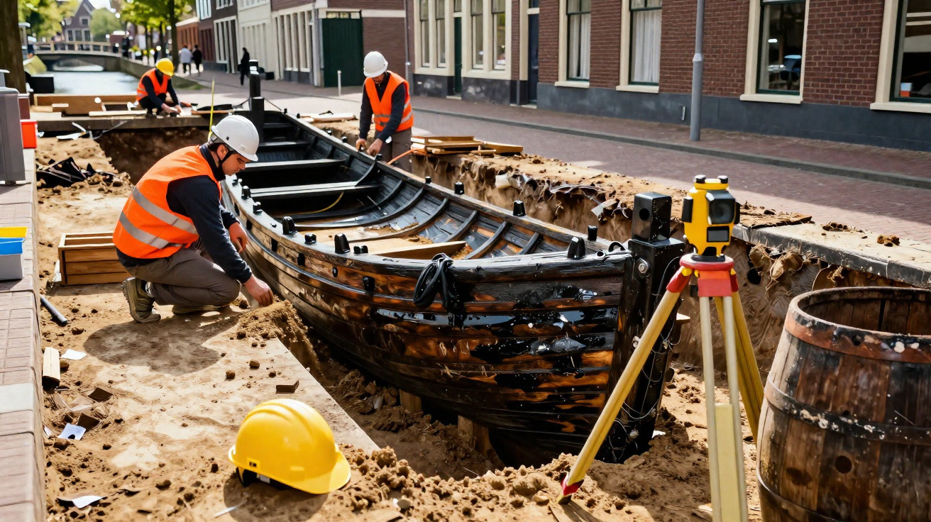 Archäologen heben ein historisches Holzboot aus einer Baustelle in einer Stadtstraße aus.