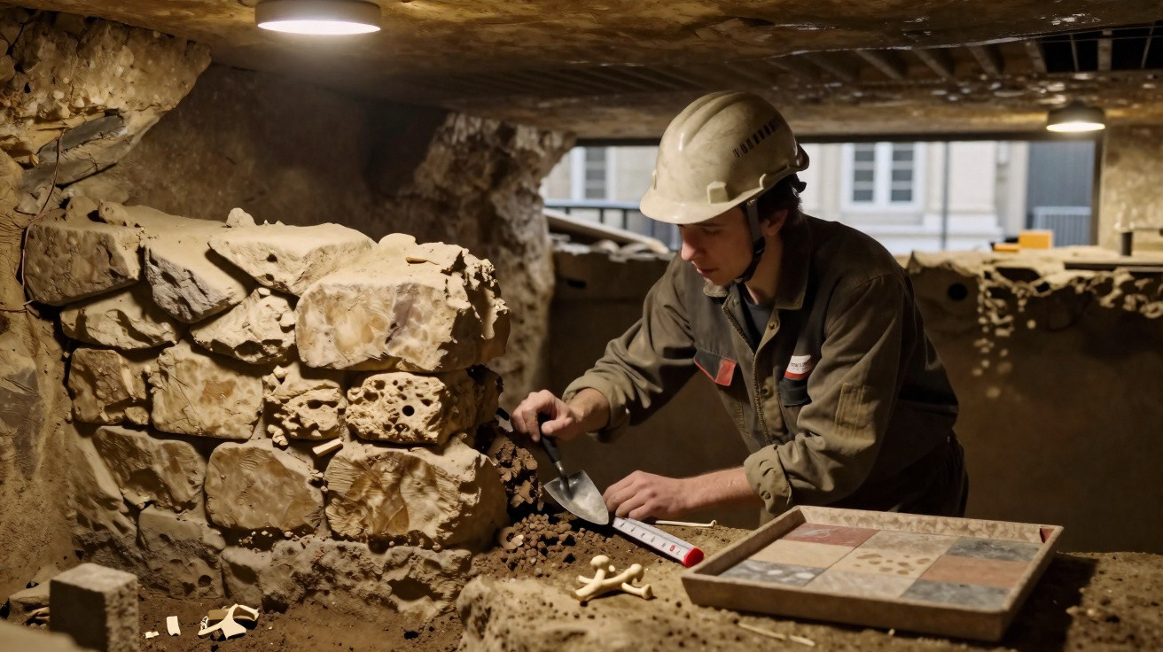 Archäologe mit Helm untersucht Ausgrabungsstätte und dokumentiert Funde in einem unterirdischen Raum.