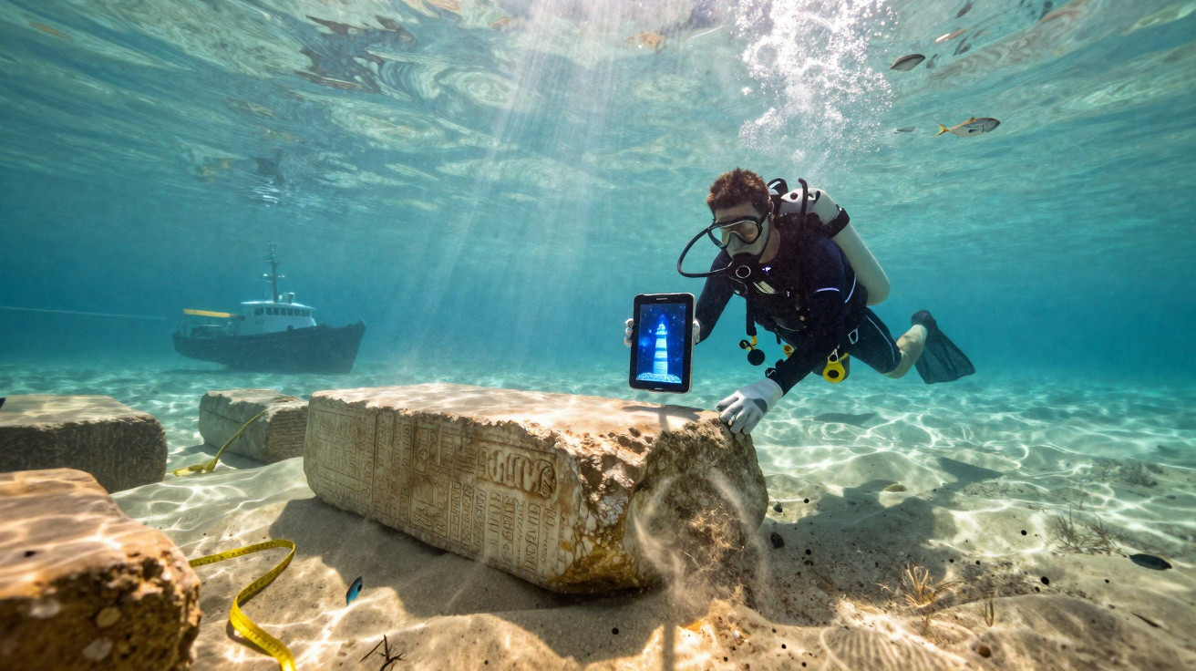Taucher untersucht unter Wasser eine antike Säule mit Hieroglyphen, dahinter ein Schiff.