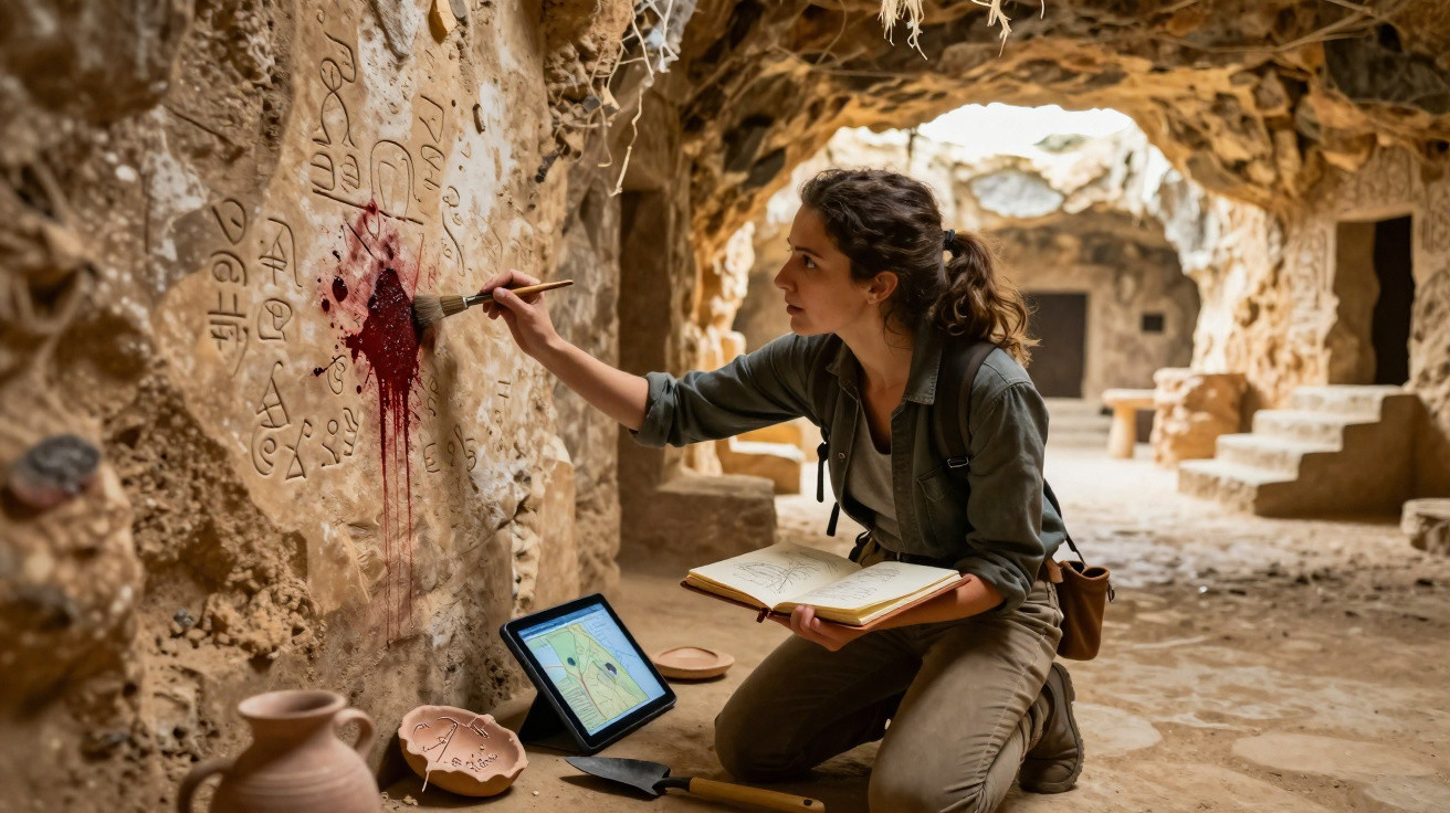 Archäologin untersucht und dokumentiert prähistorische Wandmalereien in einer Höhle mit Tablet und Notizbuch.