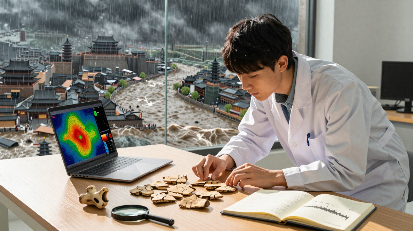 Forscher im Laborkittel analysiert Puzzleteile mit Laptop und Unwetter-Stadtmodell im Hintergrund.