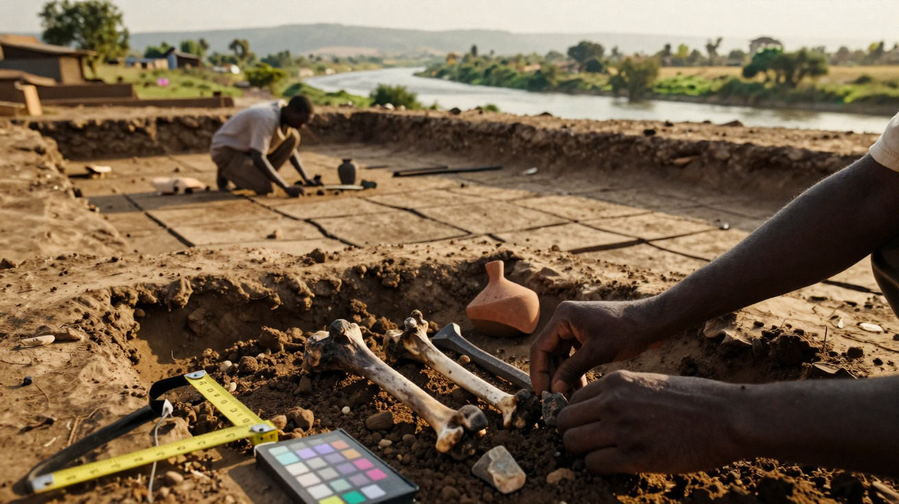 Archäologen untersuchen Knochen und Artefakte an einer Ausgrabungsstätte in einer ländlichen Gegend.