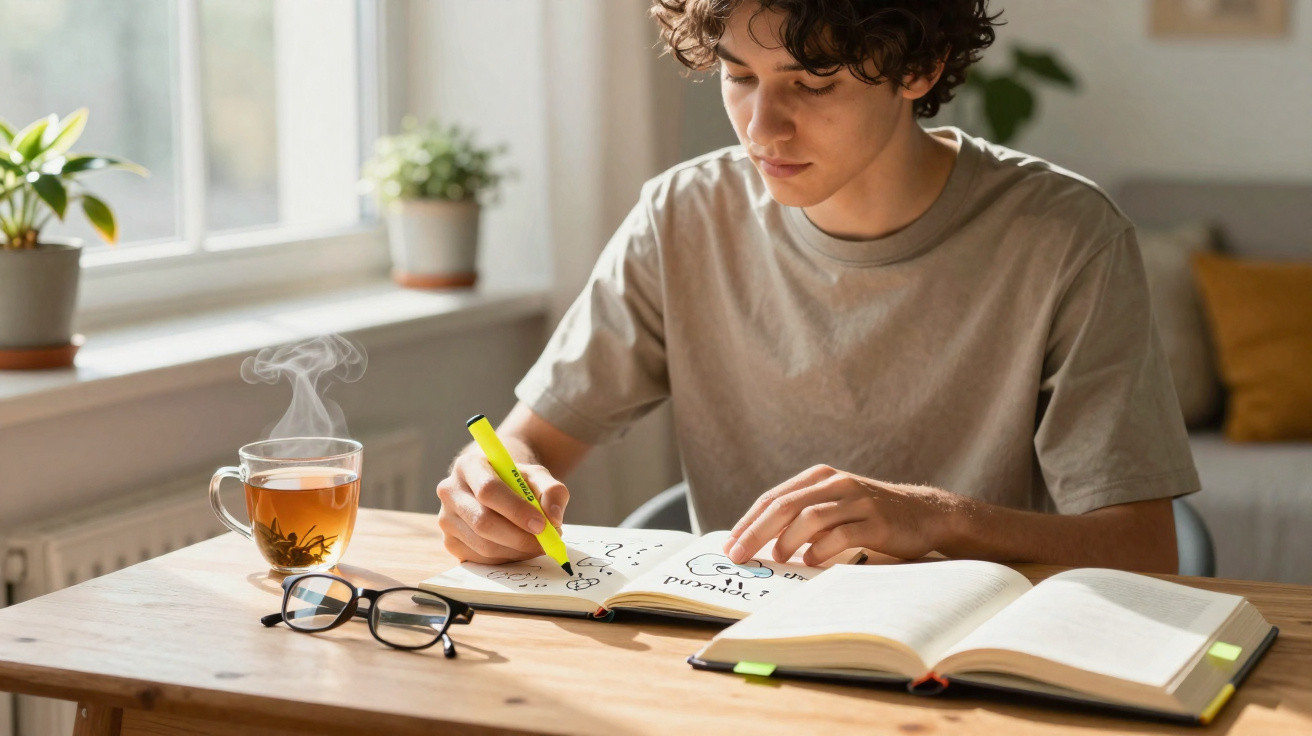 Junger Mann sitzt am Tisch, markiert Notizen im Buch mit Textmarker, mit dampfender Tasse Tee und Brille.