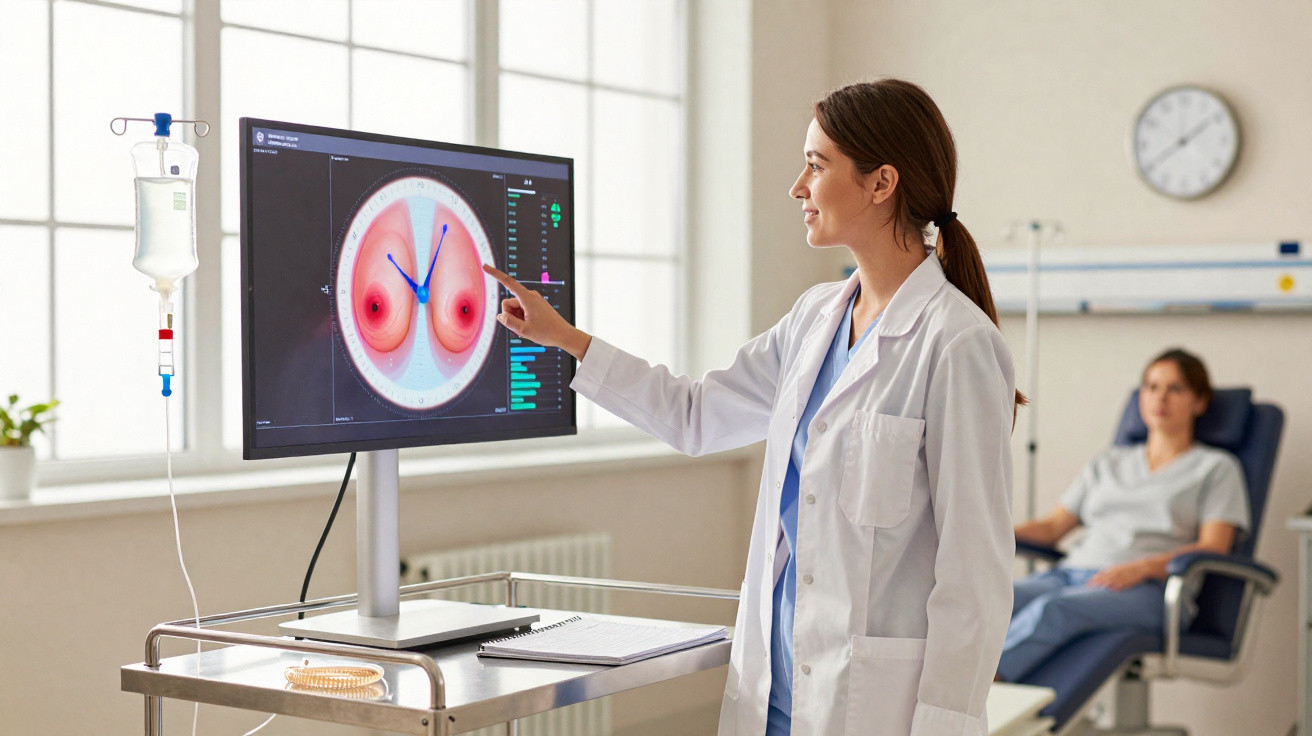 Ärztin erklärt Patientin eine Brustkrebsdiagnose anhand eines Bildes auf einem Bildschirm im Untersuchungsraum.