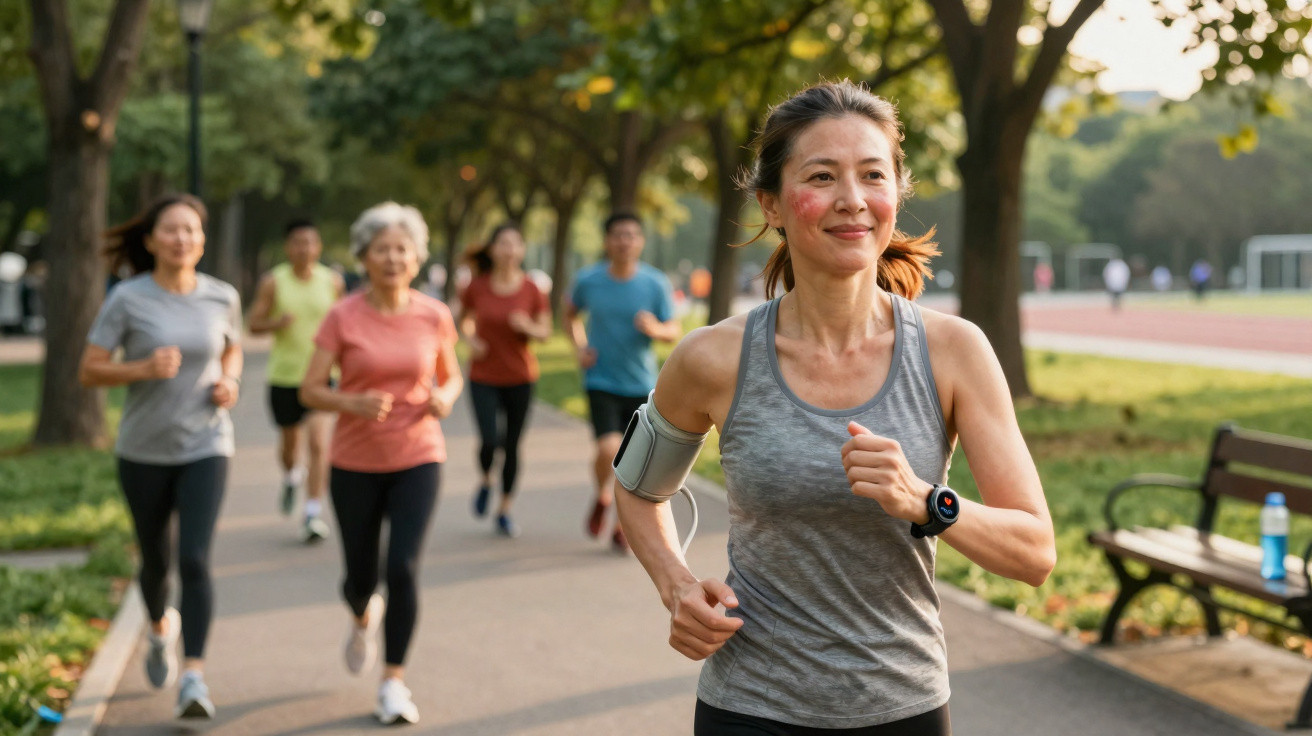 Frau joggt im Park mit Gruppe im Hintergrund an sonnigem Tag, umgeben von Bäumen und Bänken.