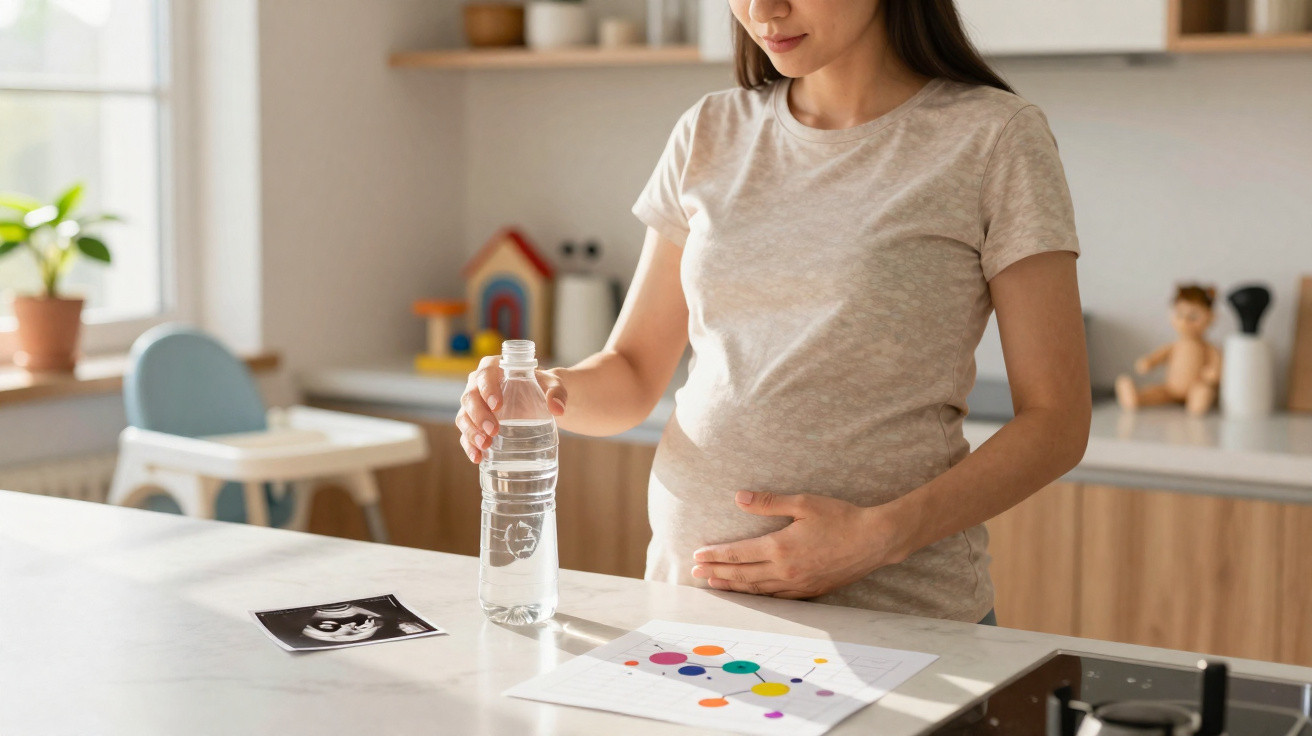 Schwangere Frau hält Wasserflasche und berührt ihren Bauch, Ultraschallbild und Diagramm auf der Küchenarbeitsfläche.