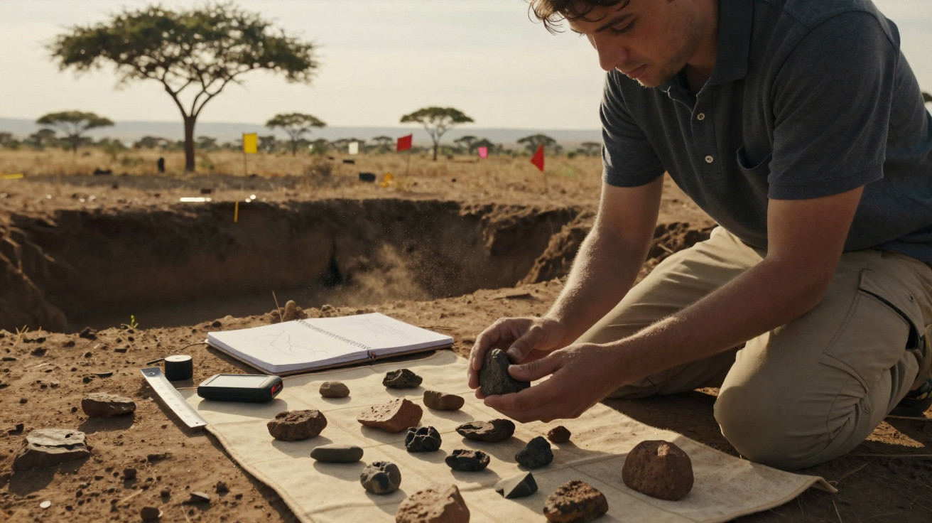 Ein Mann untersucht und dokumentiert archäologische Fundstücke auf einer Ausgrabungsstätte in trockener Savannenlandschaft.