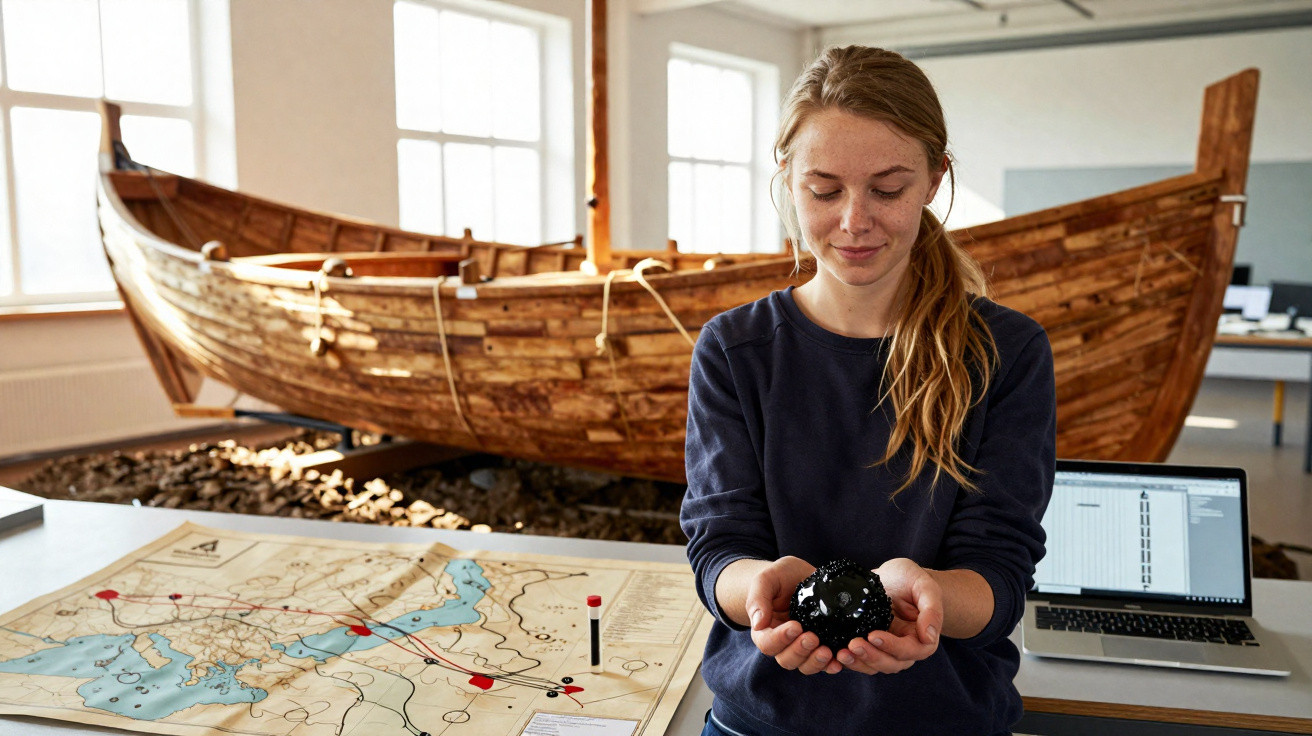 Junge Frau hält ein Museumsexponat, im Hintergrund ein historisches Holzboot und eine Landkarte auf dem Tisch.
