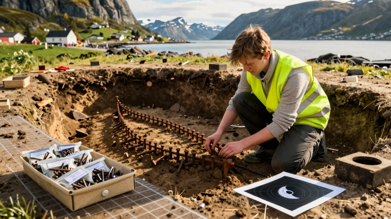 Jugendlicher bei archäologischer Ausgrabung an einem Eisenbahngleis mit Gebirge und Wasser im Hintergrund.