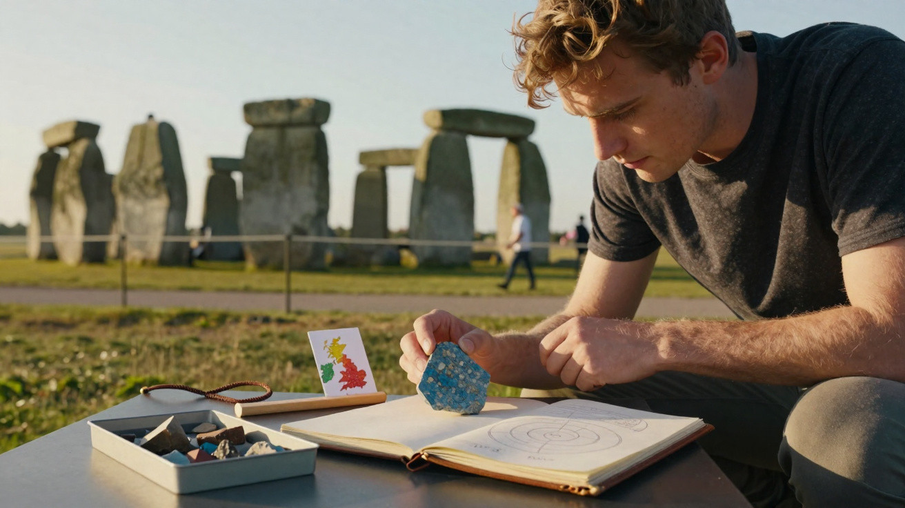 Junger Mann untersucht Stein im Freien mit Stonehenge im Hintergrund bei Tageslicht.
