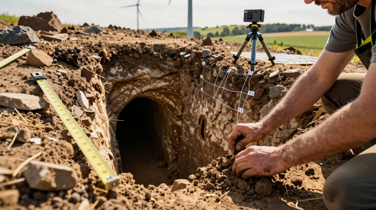 Archäologe dokumentiert eine Ausgrabung mit Kamera und Maßband an einem Erdloch im Freien.