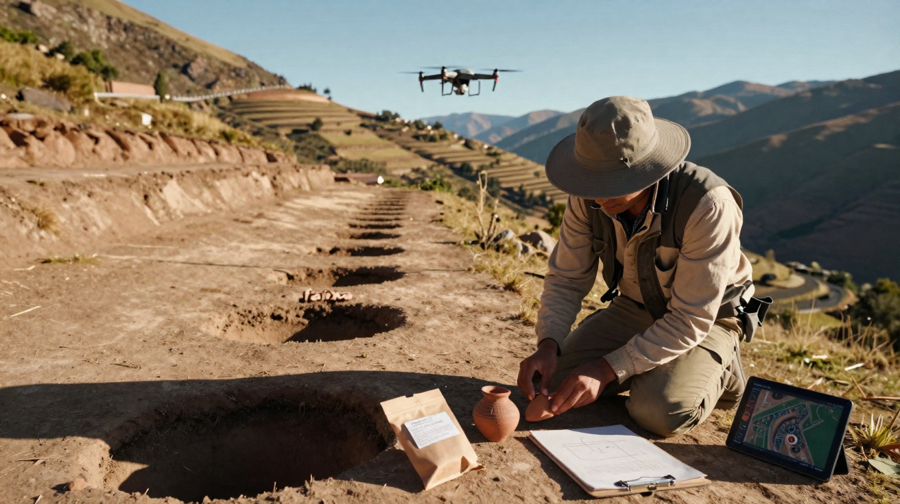 Archäologe untersucht Fundstücke bei Ausgrabung mit Drohne und Tablet in Berglandschaft.