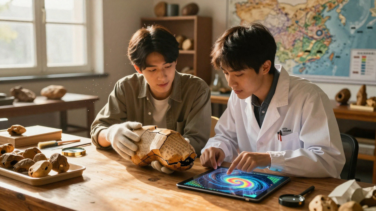 Zwei Männer analysieren im Labor ein Fossil und ein Tablet mit einer Spiralgalaxie auf dem Bildschirm.