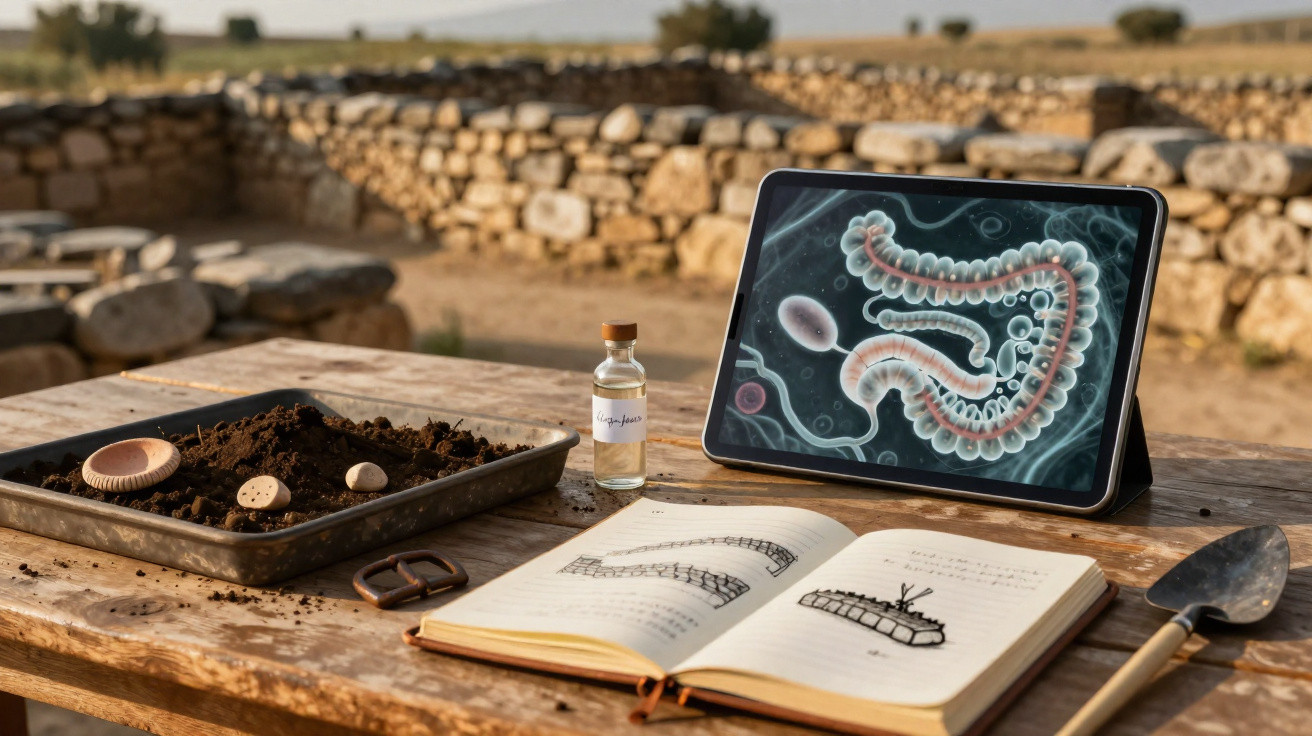 Tablet mit Wurmabbildung, offenes Buch mit Zeichnungen, Flasche, Schaufel und Schale mit Erde auf Holztisch draußen