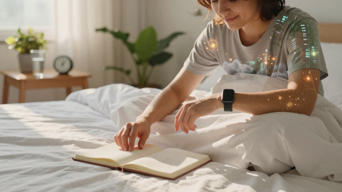 Frau liegt im Bett und liest ein Buch, Sonnenlicht fällt auf die weiße Bettdecke.