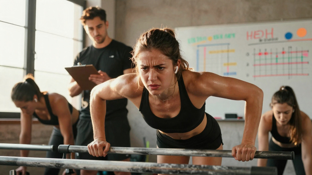 Frau macht Klimmzüge im Fitnessstudio, Trainer beobachtet, weitere Frauen trainieren im Hintergrund.