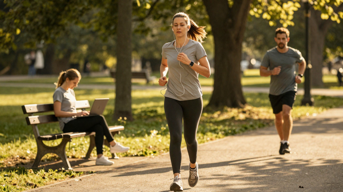 Frau joggt mit Kopfhörern im Park, Mann läuft hinterher, andere Frau sitzt mit Laptop auf Bank.