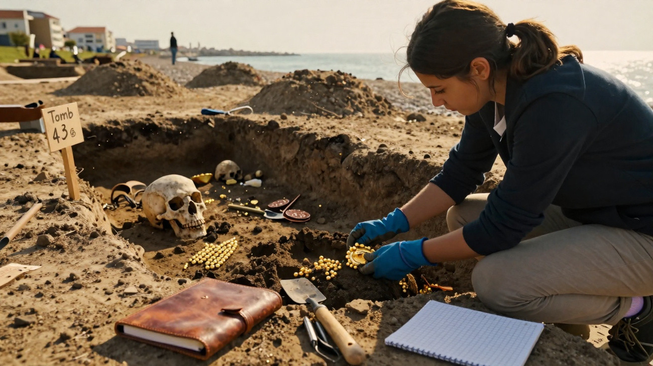 Archäologin untersucht goldene Schmuckstücke in einem ausgegrabenen Grab mit menschlichen Schädeln am Strand.