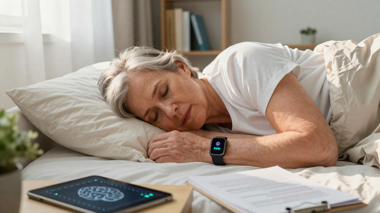 Ältere Frau schläft im Bett, trägt Fitness-Tracker, neben ihr Tablet mit Gehirnanalyse und Papiere auf Nachttisch.