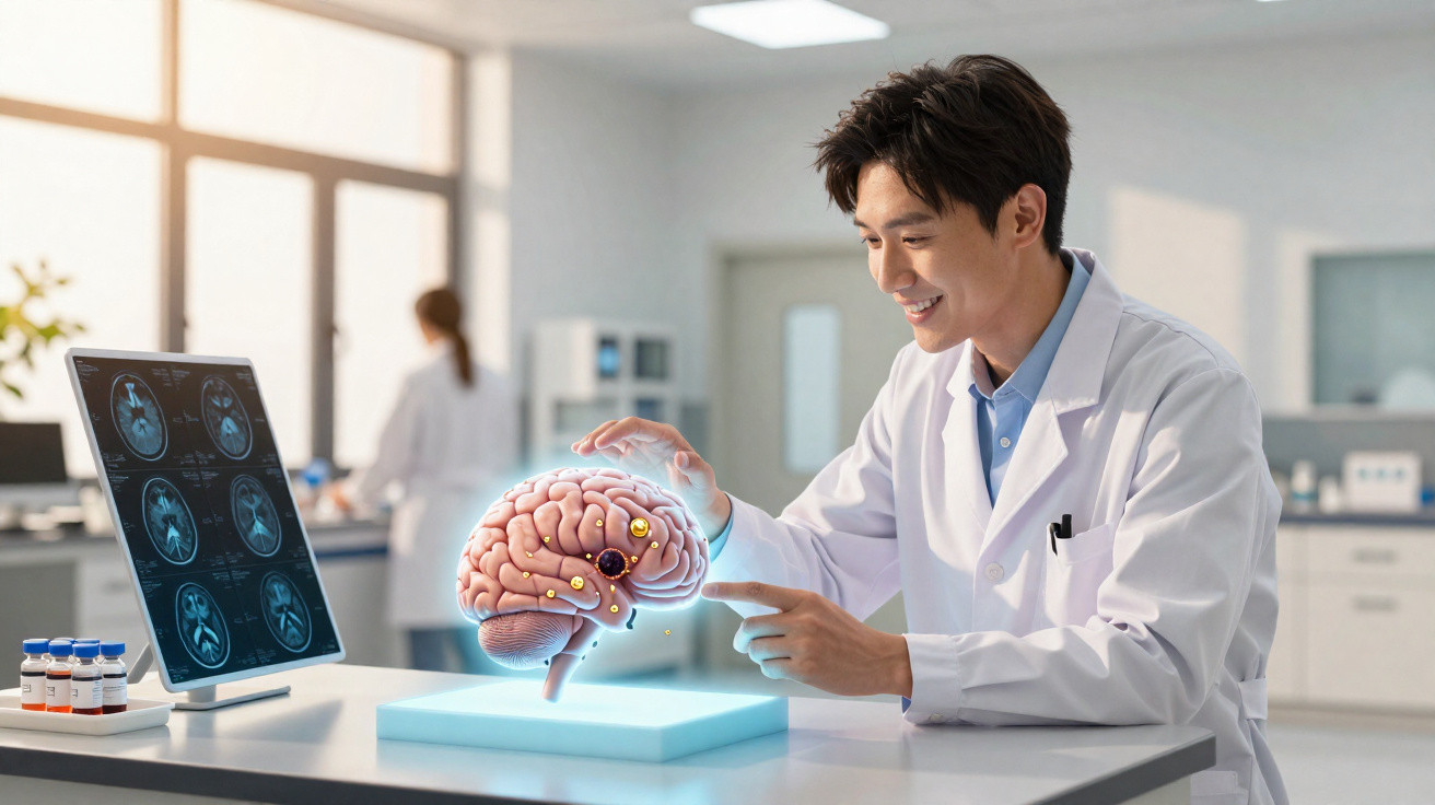 Wissenschaftler im Labor analysiert 3D-Hirnmodell mit Gehirnscans auf Computerbildschirm im Hintergrund.