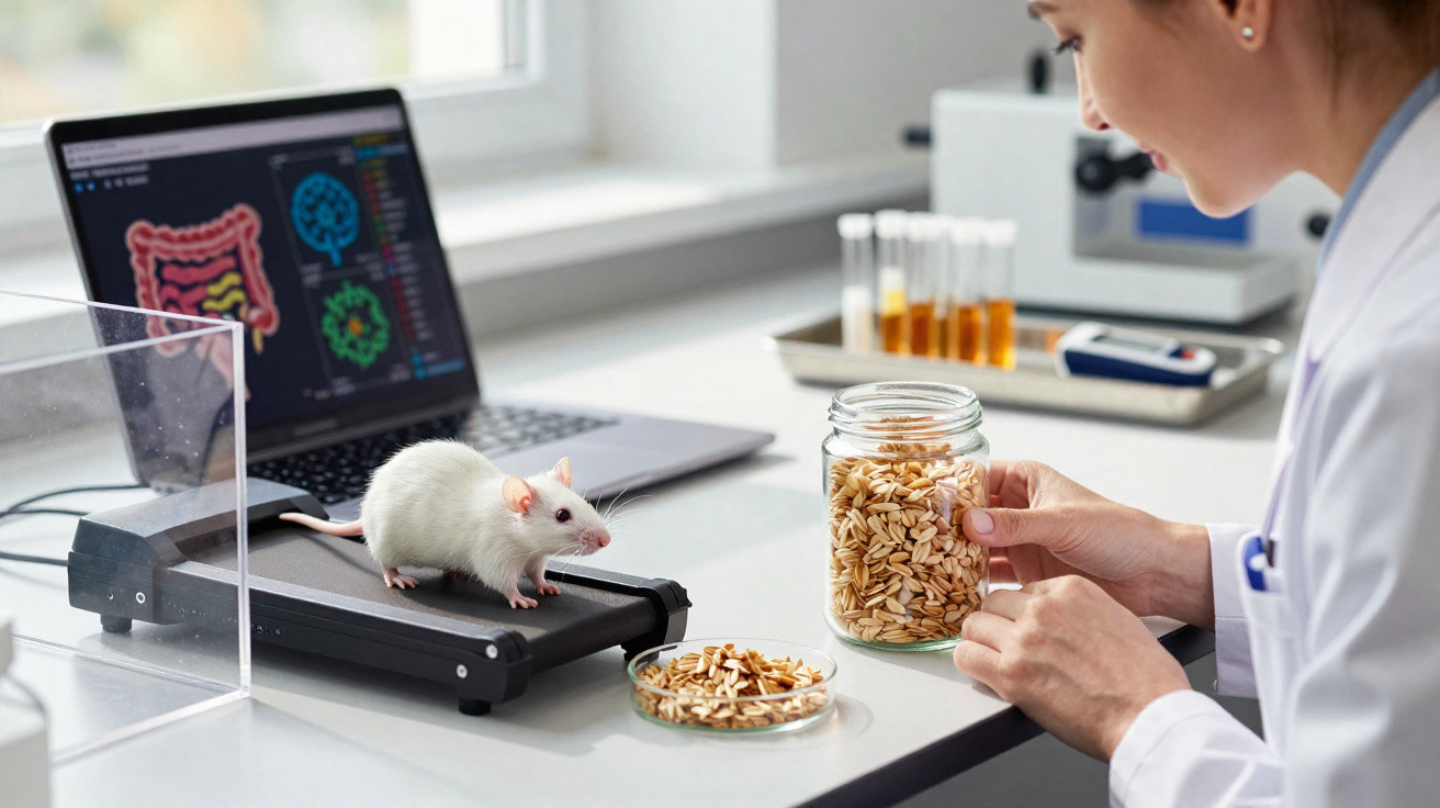 Laborantin beobachtet weiße Maus auf Laufband, umgeben von Nahrung und wissenschaftlicher Ausrüstung im Labor.