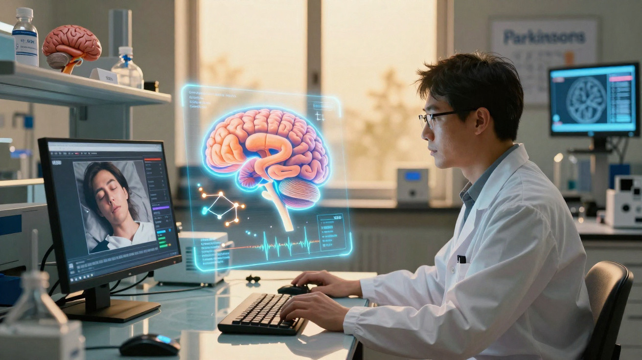 Forscher im Labor analysiert Gehirnaktivität mit computergestützter 3D-Hirnprojektion und Überwachung schlafender Person.