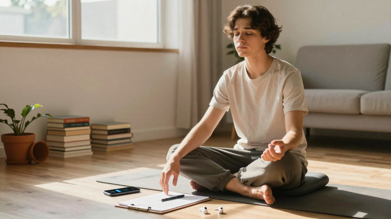 Mann meditiert im Schneidersitz auf Yogamatte vor Couch in hellem Raum mit Pflanzen und Büchern.