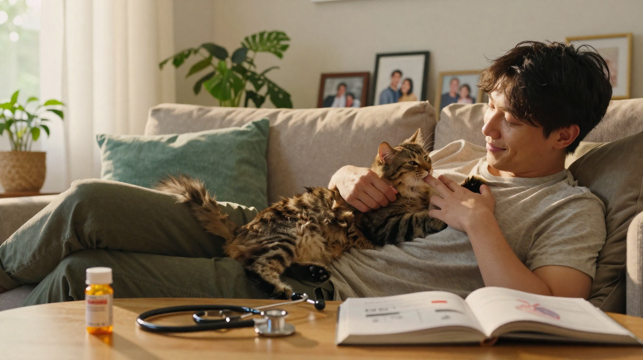 Junger Mann liegt auf Sofa und kuschelt mit einer getigerten Katze in einem gemütlichen Wohnzimmer.