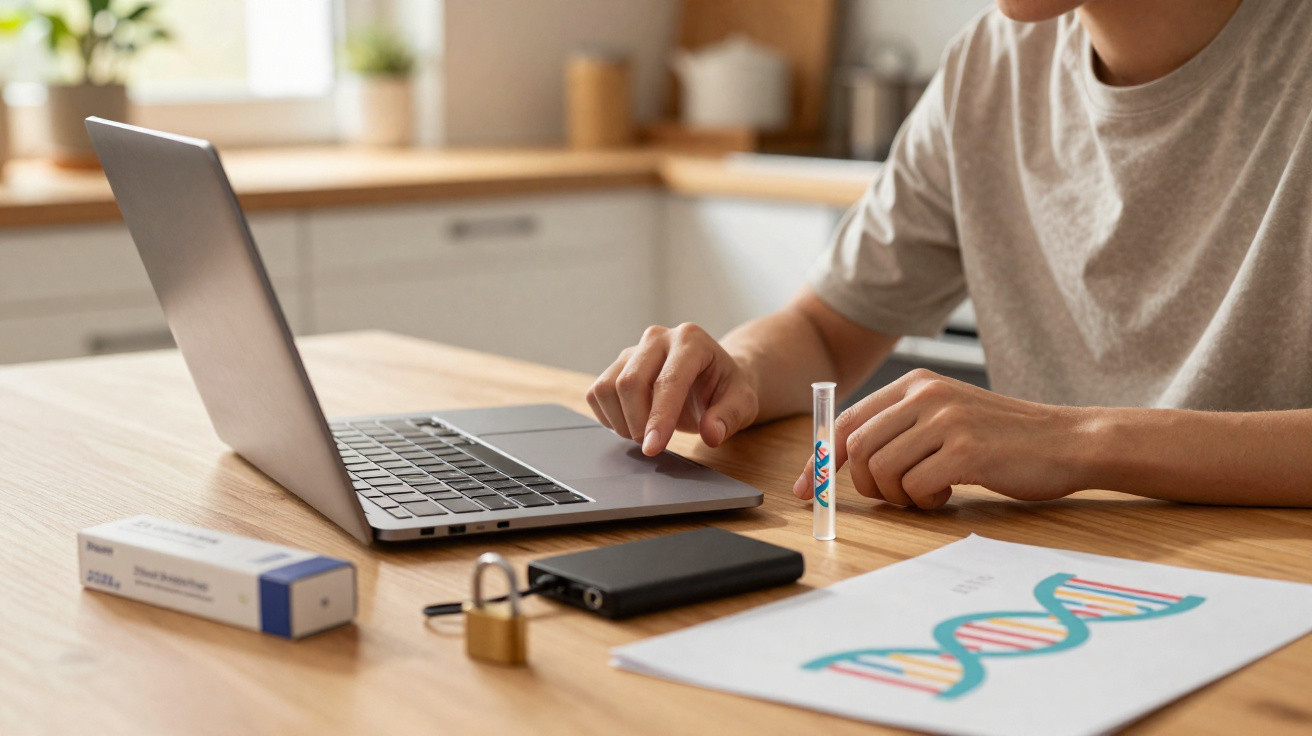 Person sitzt am Tisch mit Laptop, DNA-Test-Kit, externem Laufwerk, Schloss und DNA-Grafik auf Papier.