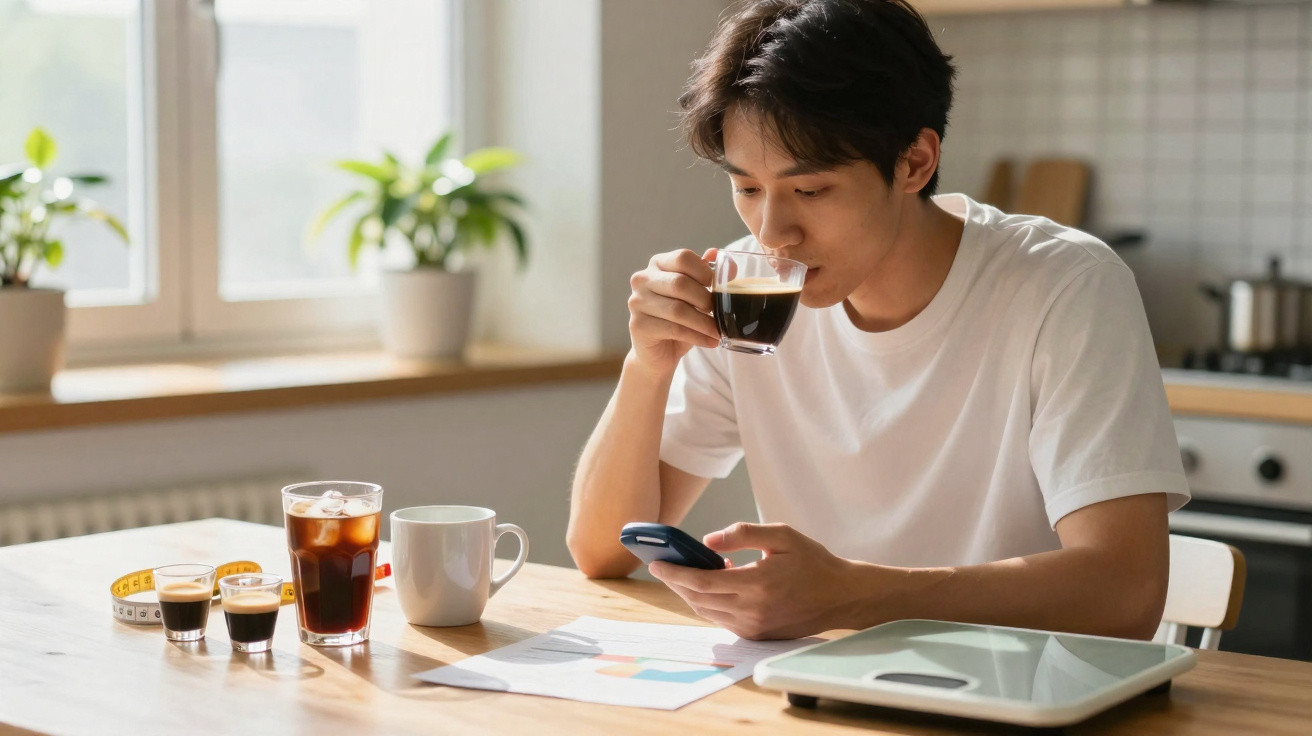 Junger Mann trinkt Kaffee und blickt auf sein Handy an einem Holztisch mit mehreren Getränken.