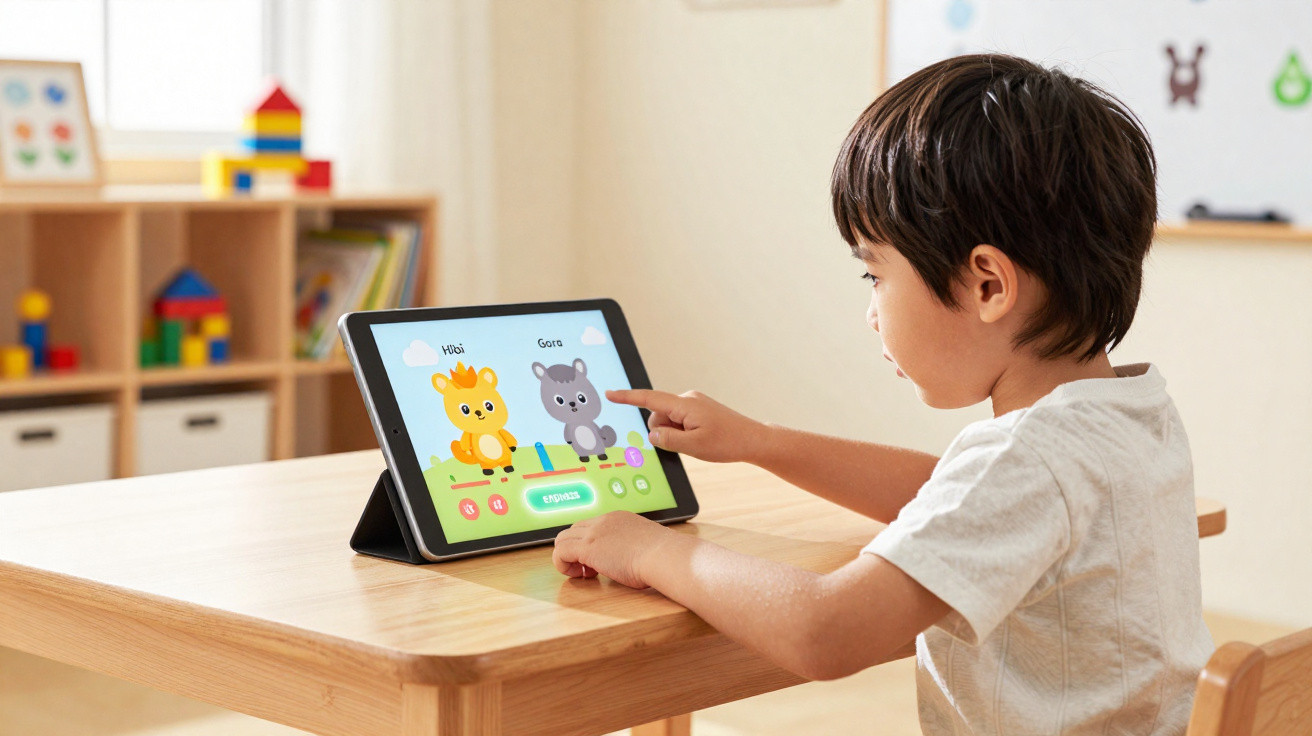 Kind sitzt am Tisch und spielt ein Lernspiel mit tierischen Figuren auf einem Tablet.