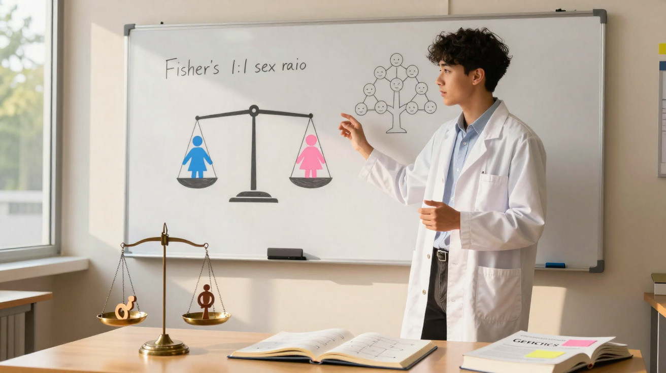 Junger Wissenschaftler erklärt am Whiteboard das Fisher-Verhältnis zwischen Männern und Frauen mit Waage und Genbaum.
