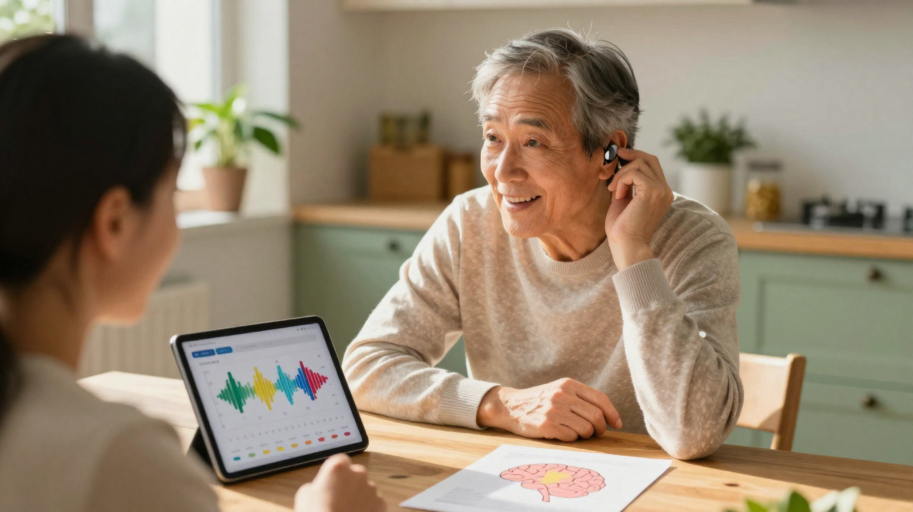 Älterer Mann trägt Hörgerät, spricht mit Frau, die neuropsychologische Daten auf Tablet zeigt.