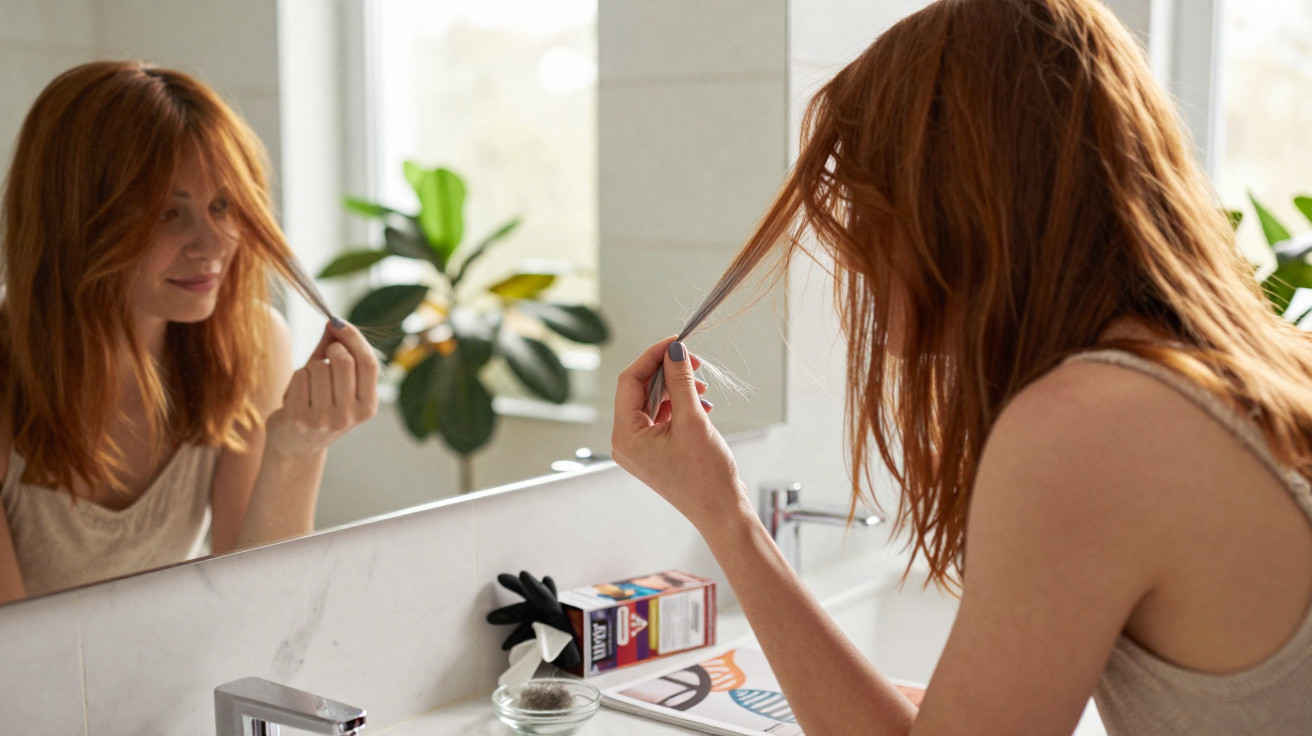 Frau mit roten Haaren betrachtet ihre Spitzen im Badspiegel, Sonnenlicht fällt durch das Fenster.