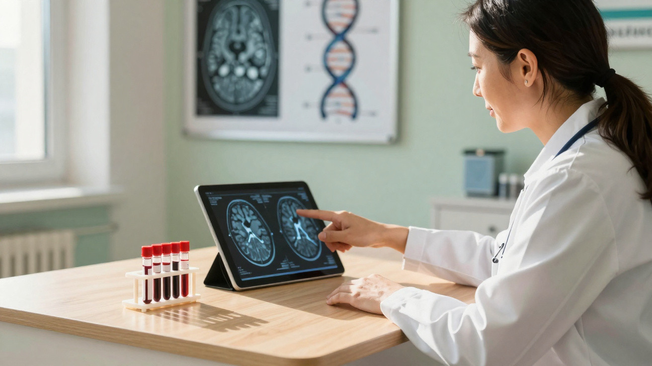 Ärztin analysiert Gehirnscans auf einem Tablet, neben Blutproben in einem hellen Untersuchungsraum.