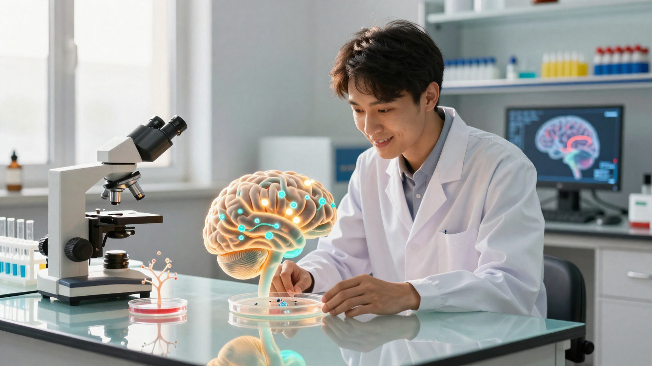 Wissenschaftler im Labor analysiert holographisches 3D-Modell eines menschlichen Gehirns mit Mikroskop und Monitor.