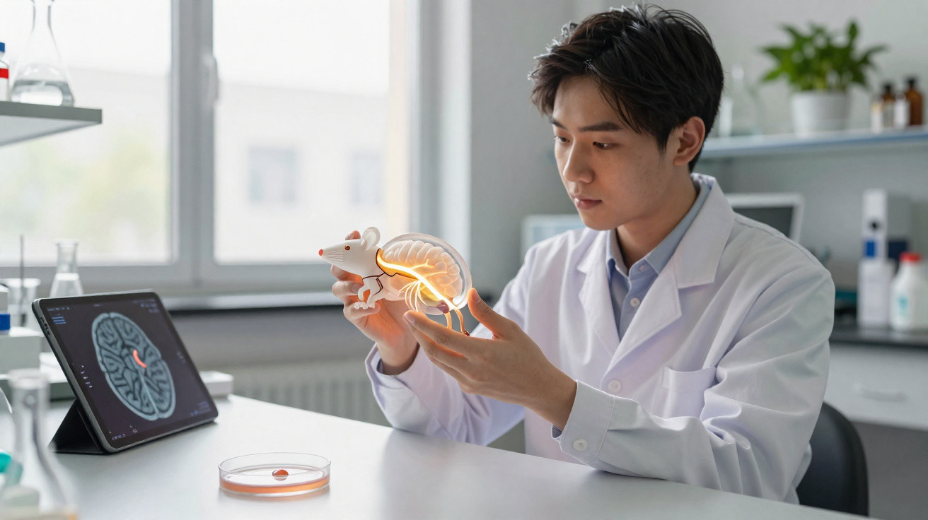 Wissenschaftler im Labor untersucht ein Leuchtmodell des menschlichen Gehirns neben einem Tablet mit 3D-Gehirnscan.