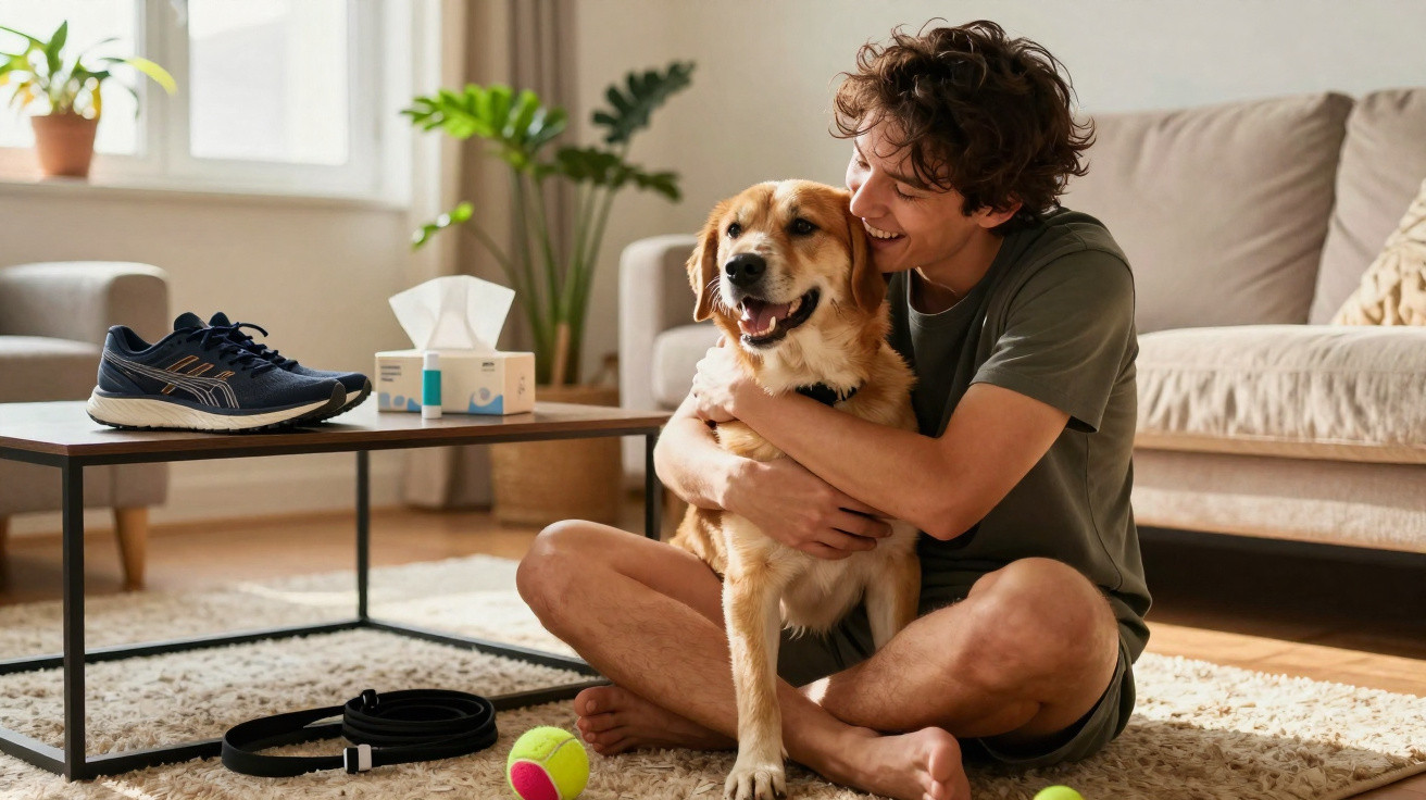 Junger Mann sitzt im Wohnzimmer auf dem Boden und umarmt fröhlichen Hund neben Spielzeug und Leine.