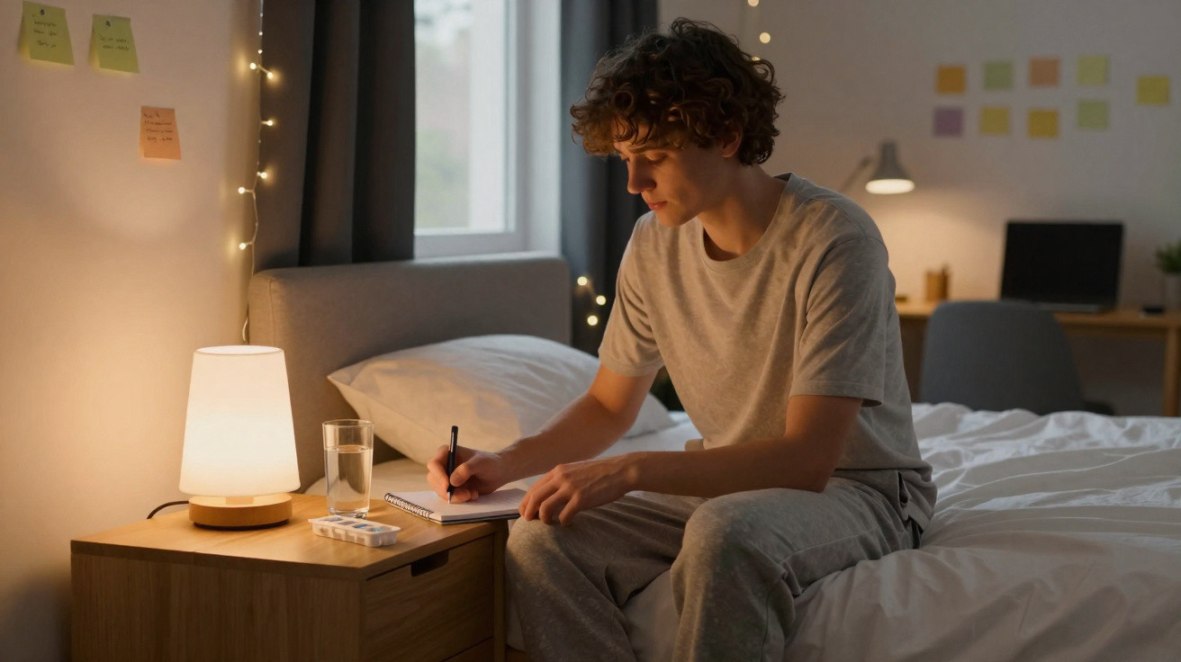 Junger Mann sitzt am Bett und schreibt in einem Notizbuch in einem gemütlich beleuchteten Schlafzimmer.