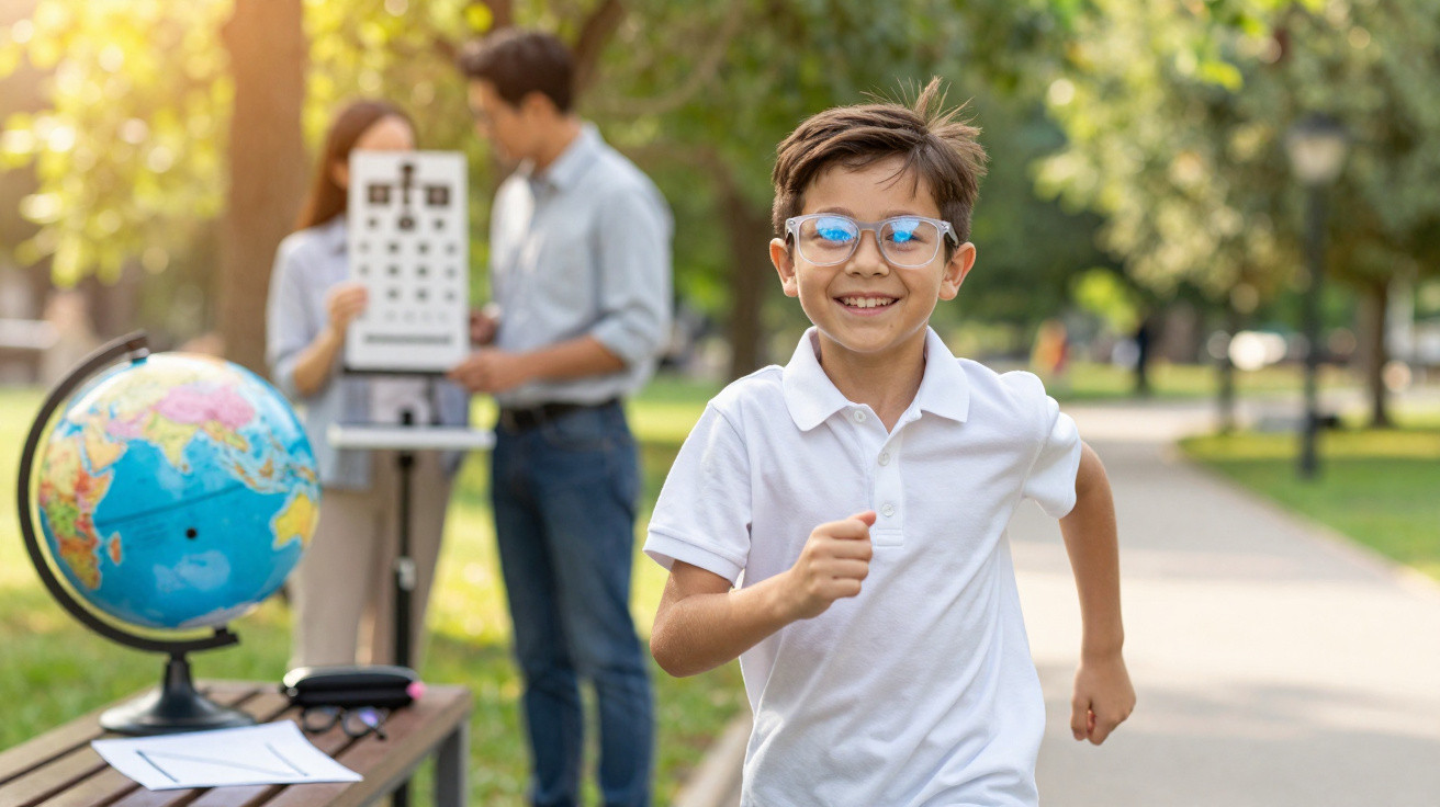 Junge mit Brille läuft lächelnd im Park, im Hintergrund Sehtest mit zwei Erwachsenen und Globus auf Bank.
